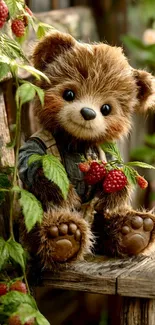 Cute teddy bear with berries on a chair in nature.