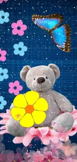 Teddy bear with flower and blue butterfly under a starry sky.