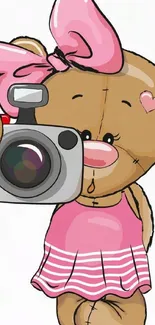 Cute teddy bear with camera in pink dress illustration.