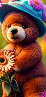 Cute teddy bear holding flowers in a garden.