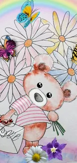 Cute teddy bear with flowers and butterflies on pastel wallpaper.