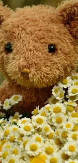 Teddy bear surrounded by daisies and yellow roses.