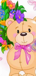 Cute teddy bear with flowers and butterflies.