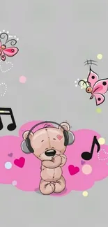 Cute teddy bear with headphones and butterflies on a light gray background.