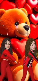 Teddy bear with red hearts and two animated characters.