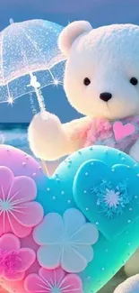 Cute teddy bear with heart and umbrella design on mobile wallpaper.