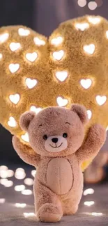 Adorable teddy bear with heart-lit background.