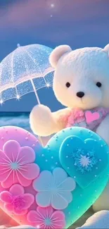 Cute teddy bear holding a colorful heart on a beach.