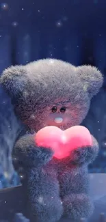 Teddy bear holding a glowing heart on a dark blue background.