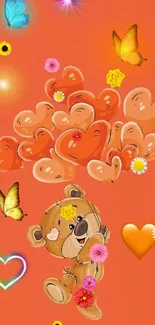 Cute teddy bear with heart balloons on an orange background.