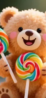 Cute teddy bear with colorful lollipops