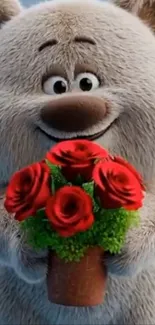 Cute teddy bear holding red roses bouquet.