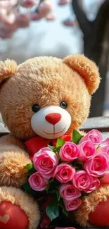 Teddy bear holding pink roses on a bench outdoors.