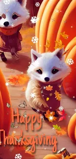 Cute white fox with pumpkins and autumn leaves for Thanksgiving wallpaper.