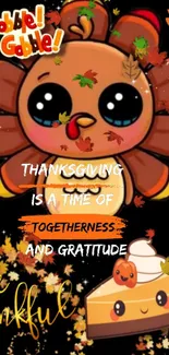 Cute Thanksgiving turkey with pie and autumn leaves mobile wallpaper.