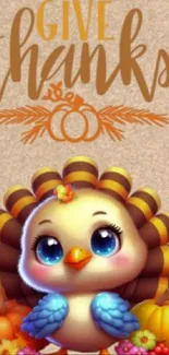 Cartoon turkey with pumpkins Thanksgiving wallpaper.