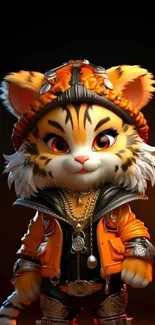 Cute anime tiger character in orange jacket with a dark background.