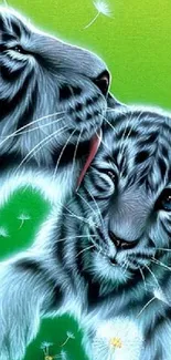 Illustration of a tiger cub being licked by its parent with bright green background.