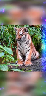 Adorable tiger cub sitting on a log with a vibrant green background.