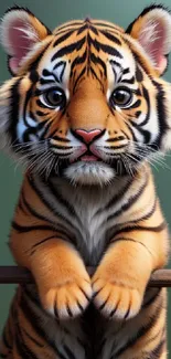 Realistic cute tiger cub on a branch wallpaper.