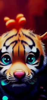 Adorable tiger cub with bright eyes in colorful fantasy art.