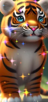 Adorable cartoon tiger cub with bright eyes and vibrant colors.