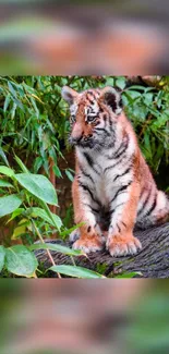 Tiger cub sitting on tree with green leaves.