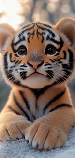 Adorable tiger cub with big eyes and soft fur, lying playfully.