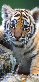 Adorable tiger cub resting on rocks, perfect mobile wallpaper.