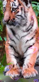 Adorable tiger cub with colorful hearts background.