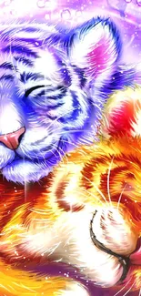 Two cute tiger cubs sleeping in cosmic digital art.