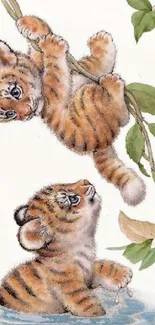 Cute tiger cubs playing with leaves in a lively illustration.