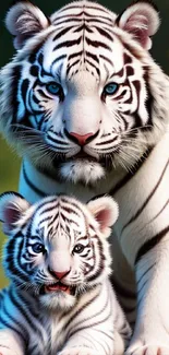 White tiger and cub on lush green background, perfect for mobile wallpaper.