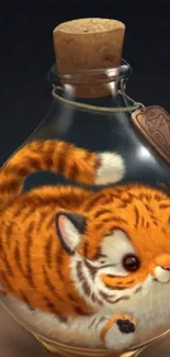 Cute cartoon tiger inside a glass bottle, perfect for mobile wallpaper.