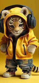 Cute tiger cub in hoodie with headphones on yellow background.