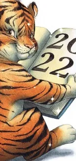 Illustration of a cute tiger reading a book with the year 2022 visible.