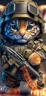 Cute tiger soldier character in full military gear, designed as a mobile wallpaper.