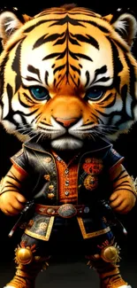 A fierce cartoon tiger warrior in a vibrant outfit for mobile wallpaper.