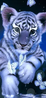 Adorable tiger cub with glowing blue butterflies.