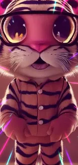 Cartoon tiger with glasses in a pink hue.