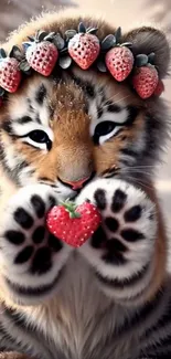 Cute tiger cub with strawberry crown holding a strawberry.