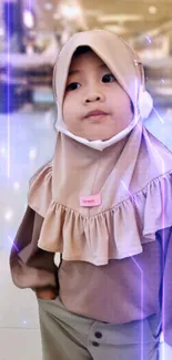 Toddler in beige hijab with futuristic background.