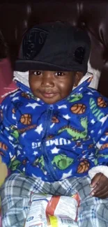 Cute toddler in a sports-themed jacket with a cap.