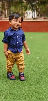 Adorable toddler in blue shirt and beige pants on green lawn.