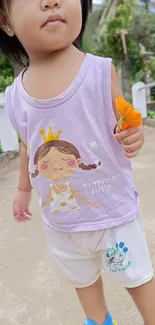 Cute toddler in a purple outfit holding a flower in a garden.