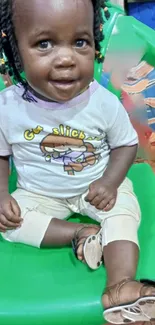 Cute toddler sitting on a green chair smiling.