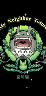 Cute Totoro anime wallpaper with green accents on black background.