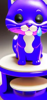 Cute purple toy cat on a white and purple stand.