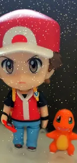 Cute toy figure wearing a red cap with an orange companion on a dark background.