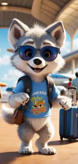 Cute cartoon puppy at airport in blue shirt and sunglasses.